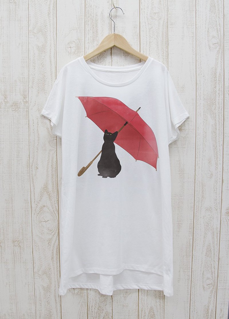 Rainy Black Cat One Piece Tee White / R039-O-WH - 洋装/连衣裙 - 棉．麻 白色