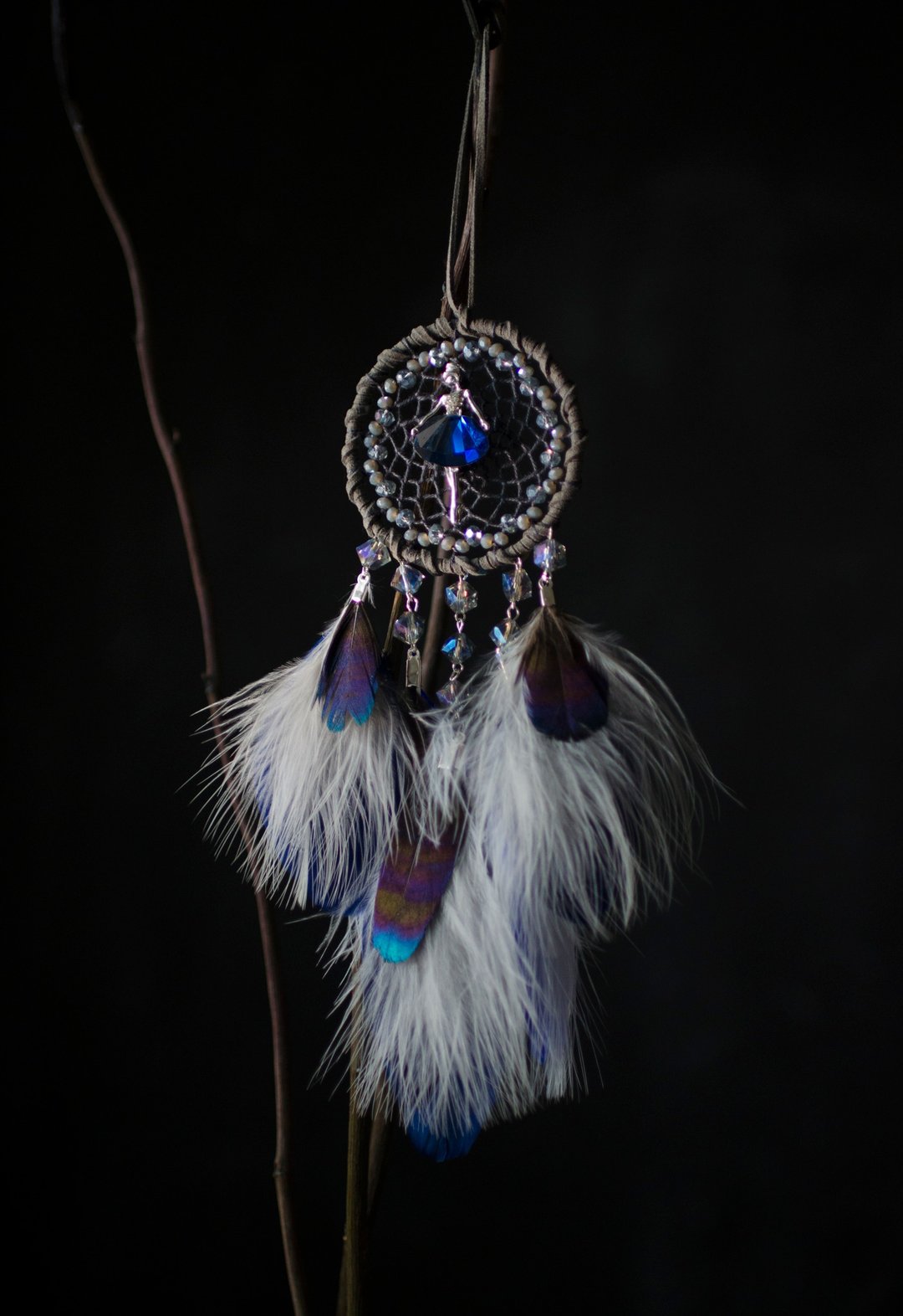 OOAK Dancing Girl Dream Catcher - Small Size Blue Gray Dreamcatcher for Car - 墙贴/壁贴 - 绣线 蓝色
