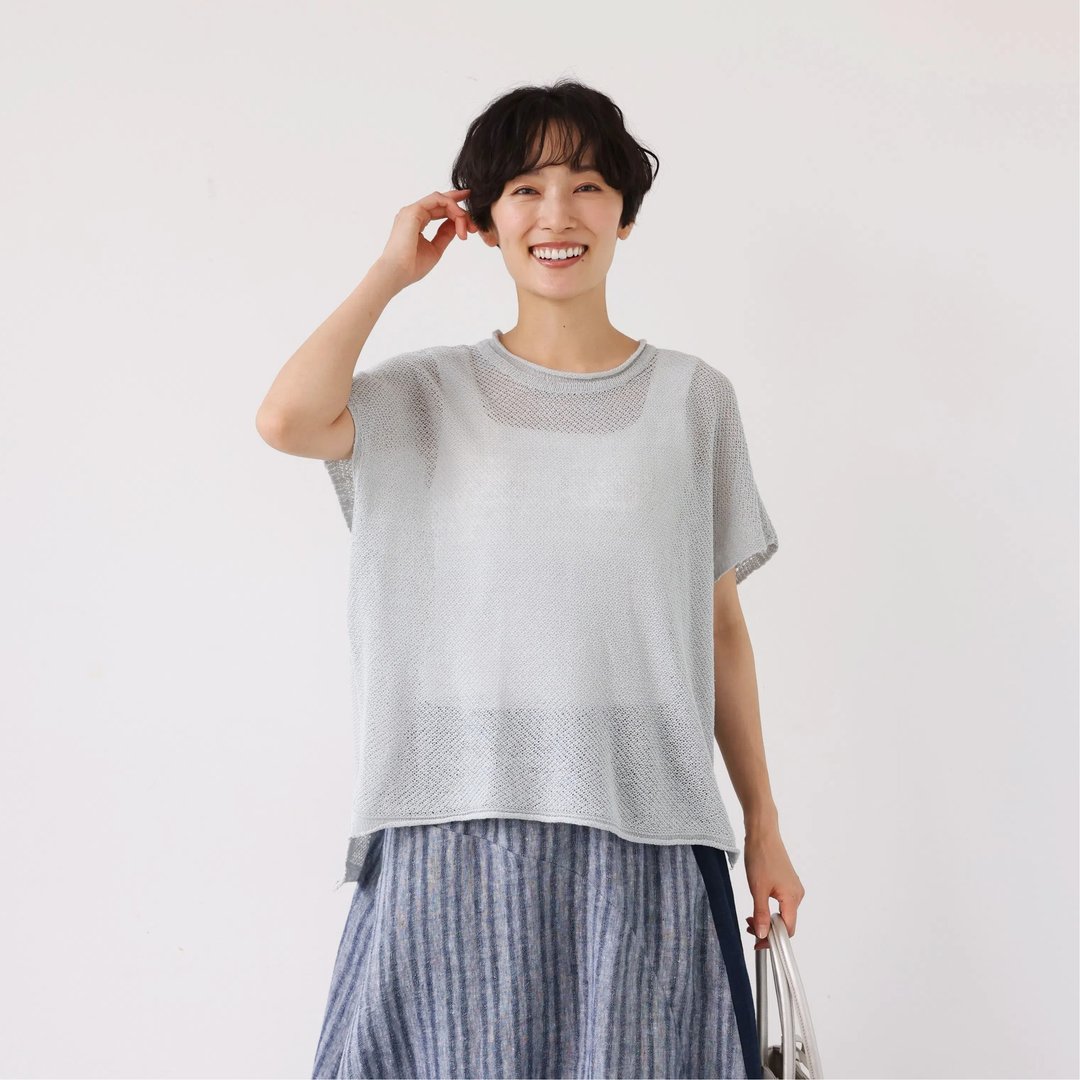 四季皆宜 独特织法的亚麻棉针织衫 浅蓝色 250703-2 - 女装针织衫/毛衣 - 棉 