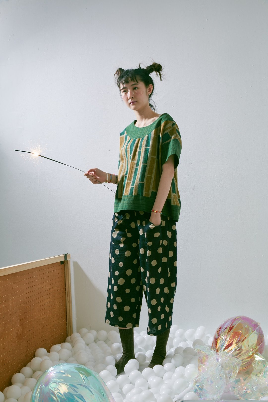 不规则点点宽直筒裤 - 女装长裤 - 棉 蓝色