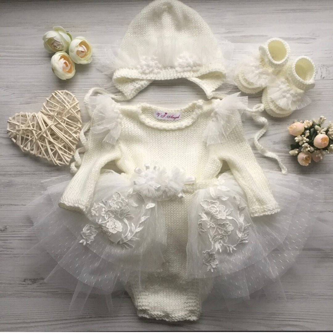 Hand knit ivory clothing set for baby girl: romper, tutu skirt, hat, shoes. - 包屁衣/连体衣 - 其他材质 