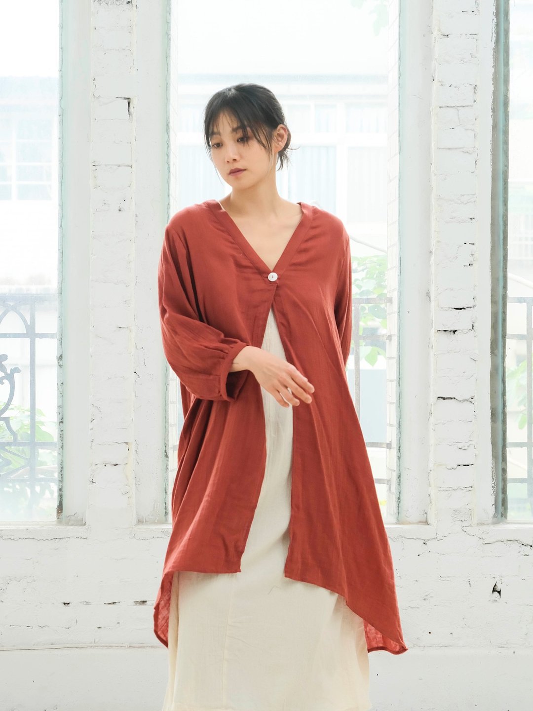 OMAKE 澎袖抓褶单扣外套 / 双层纱 砖红 - 女装休闲/机能外套 - 棉 红色