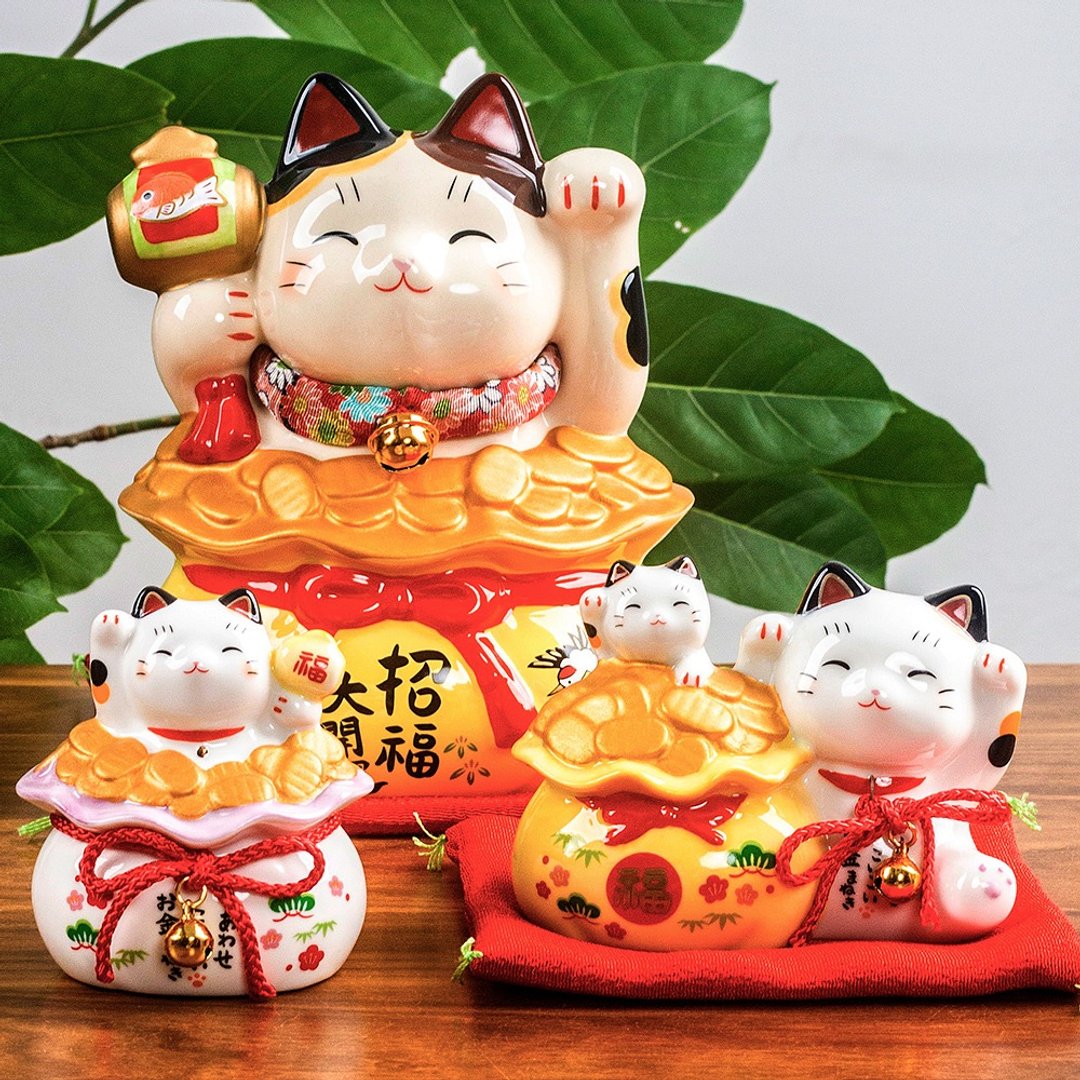 日本药师窑圆满宝袋招财猫陶瓷摆件福袋家用入户玄关开业乔迁礼物 - 摆饰 - 瓷 