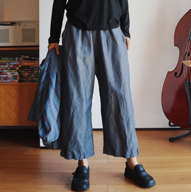 意大利藍色砂洗天絲亞麻牛仔面料 直筒褲 松緊腰休閒褲 - 女装长裤 - 棉．麻 蓝色