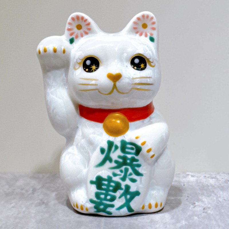 【白晶爆数】日本清水烧招财猫 | 花结晶 白 爆数 右 特小 - 摆饰 - 瓷 白色