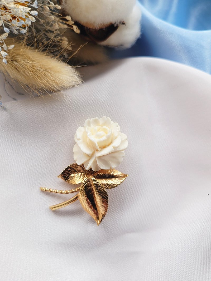 美国西洋古董饰品 / Van Dell典雅白玫瑰包金胸针/别针/复古首饰 - 胸针 - 其他金属 