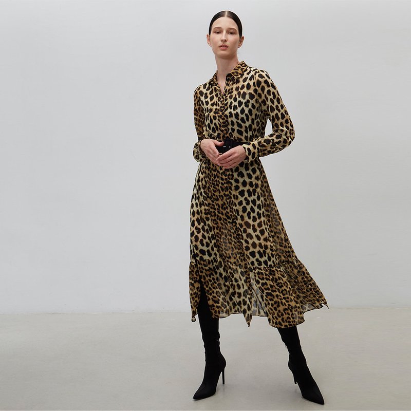 豹纹长袖抽皱长洋装│Who Cares 台湾服饰品牌 - 洋装/连衣裙 - 棉．麻 咖啡色