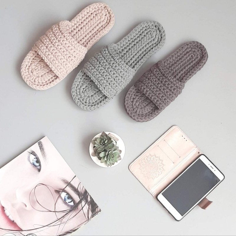 手工拖鞋 女式露趾凉鞋 室内防滑平底鞋 - 室内拖鞋 - 棉．麻 