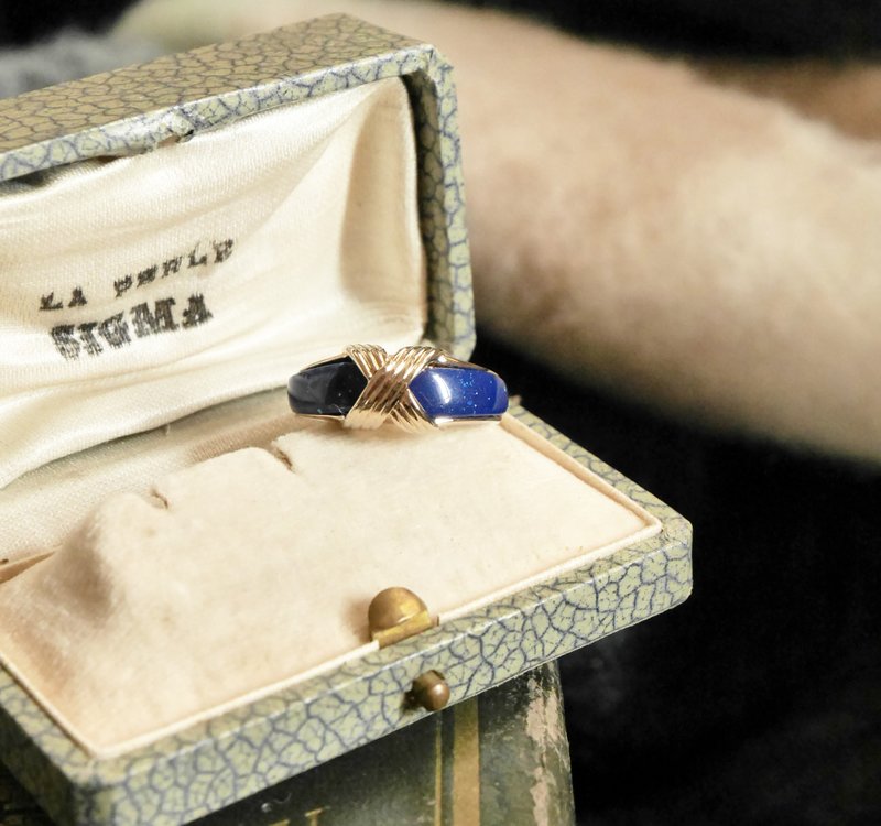 古董蓝金双色交叉X金属戒指AVON 原装盒 RIN185 - 戒指 - 其他金属 金色