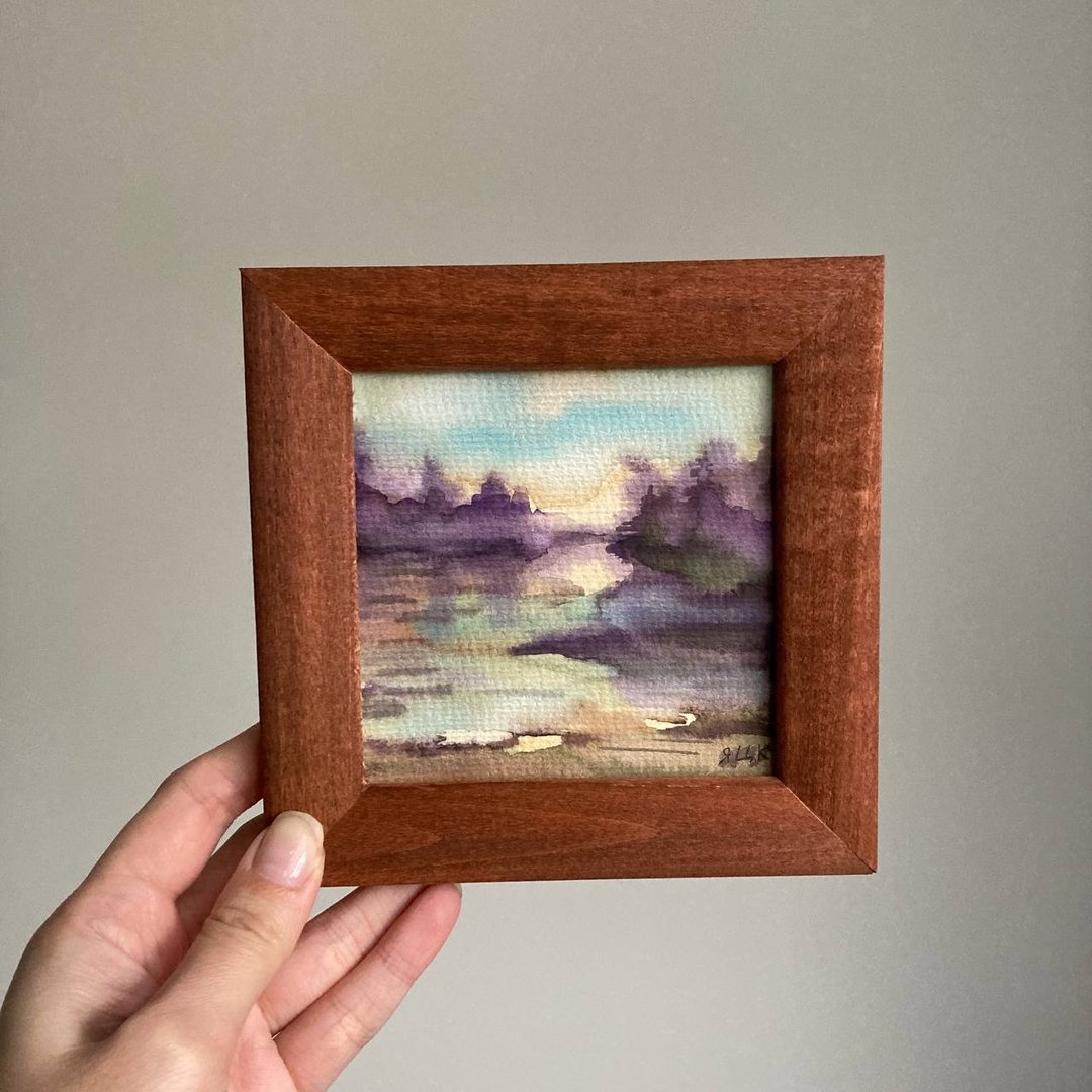 风景画原作 抽象森林 附画框 水彩画 原创森林画 艺术品 迷你画作 - 海报/装饰画/版画 - 木头 紫色