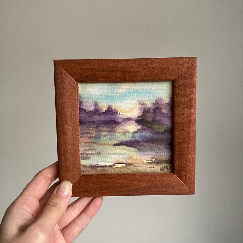风景画原作 抽象森林 附画框 水彩画 原创森林画 艺术品 迷你画作 - 海报/装饰画/版画 - 木头 紫色