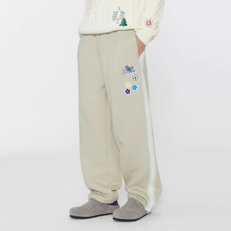 季羊羔绒加厚卫裤男士爱心刺绣直筒裤 - 男士长裤 - 棉．麻 卡其色