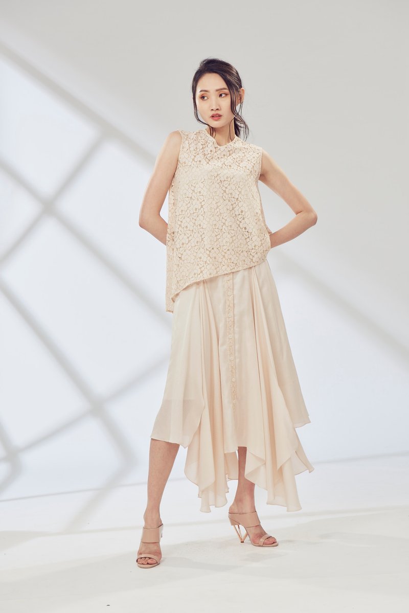 Off-season sale 粉色蕾丝不规则长裙 - 裙子 - 聚酯纤维 