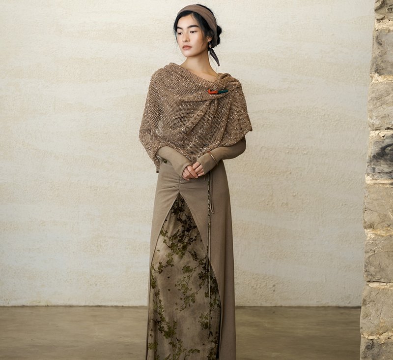 【妙音绿松石】新中式复古藏风 解构造型连衣裙 - 洋装/连衣裙 - 其他材质 咖啡色