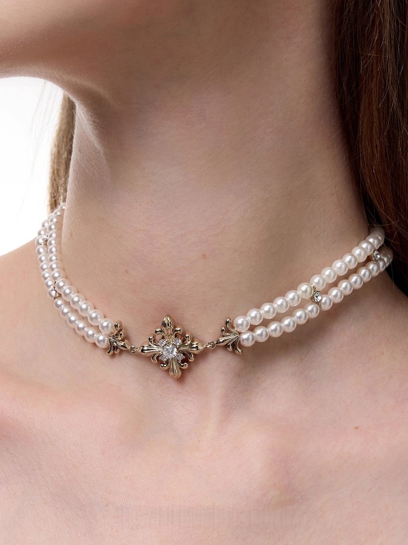 鸢尾花珍珠颈链复古美拉德choker小众轻奢项链 - 项链 - 贝壳 金色