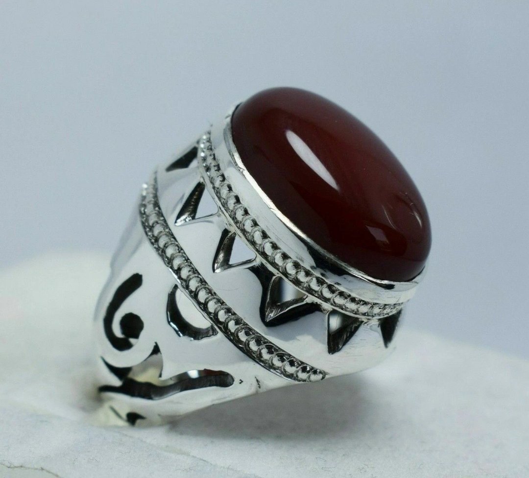 Brown Red Yemeni Aqeeq Ring Agate Akik Aqiq Sterling Silver Mens Rings Jewelry - 戒指 - 宝石 红色