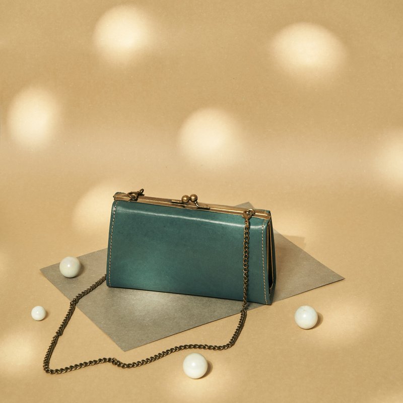 【圣诞礼盒】大盒式口金包-青碧/真皮手工 小废包 链条包 斜背包 - 侧背包/斜挎包 - 真皮 蓝色