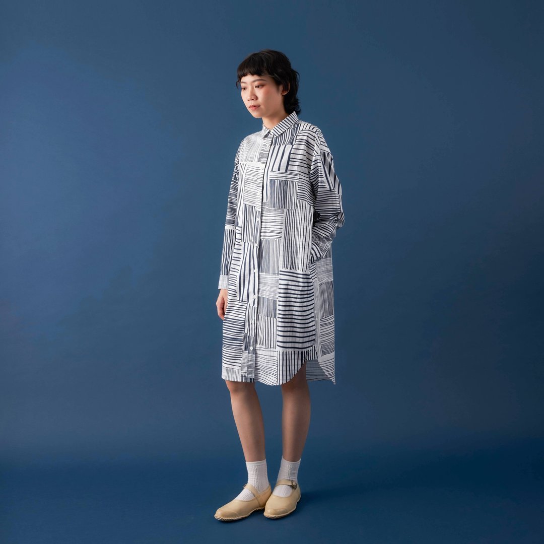 印花长版衬衫 / 编织深蓝 - 女装衬衫 - 棉 多色