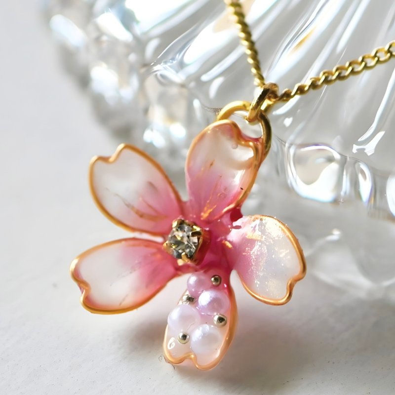 樱花珍珠项链 酒红粉色花卉饰品 适用于入学、毕业、春季正式场合 - 项链 - 树脂 粉红色