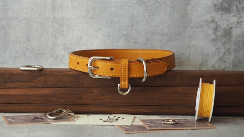 纯手工牛皮宠物猫咪狗狗项圈牵绳 颜色款式可定制化 可刻字可订制 - 项圈/牵绳 - 真皮 黄色