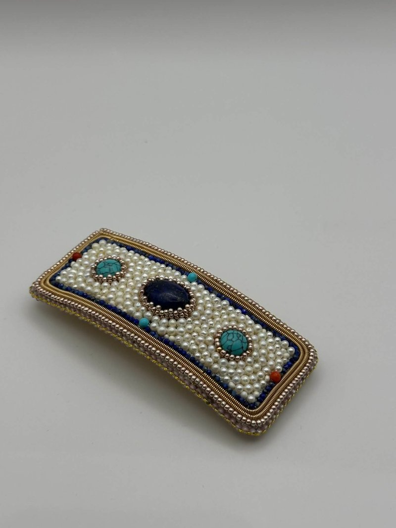 手工淡水珍珠发夹，大尺寸，青金石，绿松石，珊瑚 - 发饰 - 半宝石 