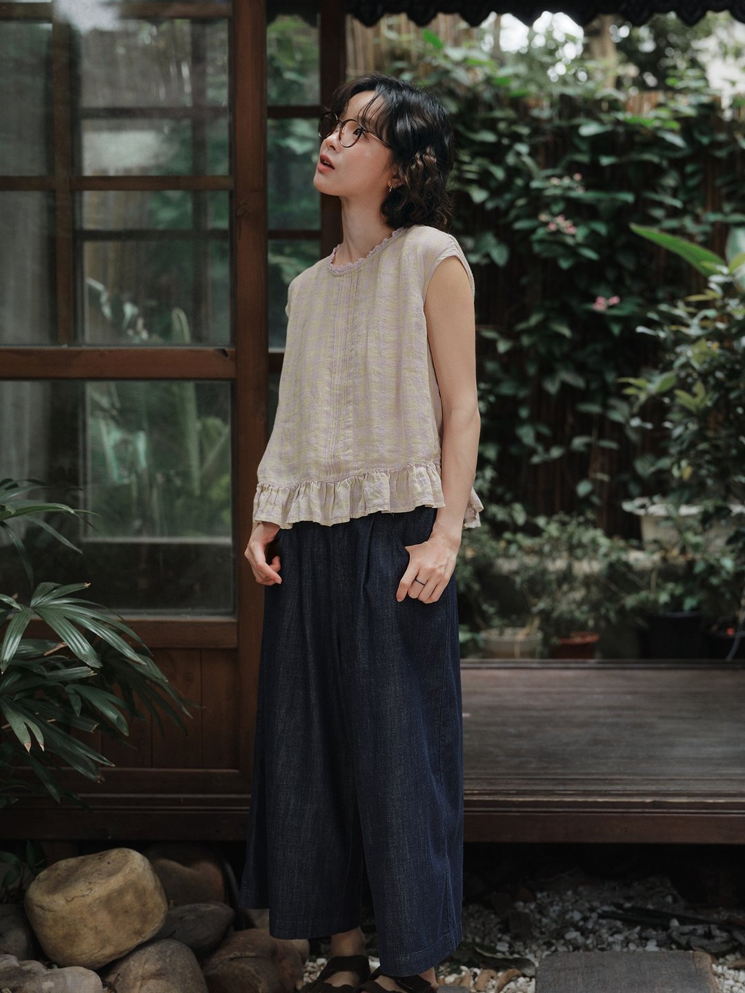 100%亚麻格纹蕾丝花边无袖短袖衬衫 - 女装上衣 - 其他材质 多色