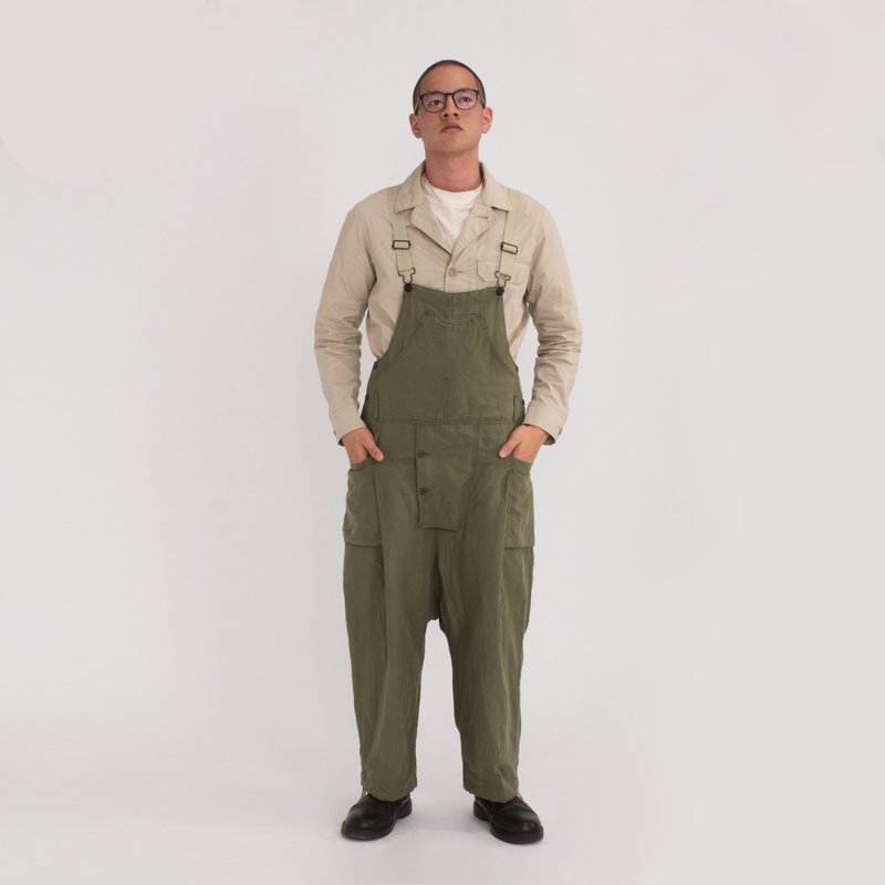 rin OVAL overall 吊带裤 橄榄绿-棉麻透气-连身工作服 - 背带裤/连体裤 - 棉 绿色