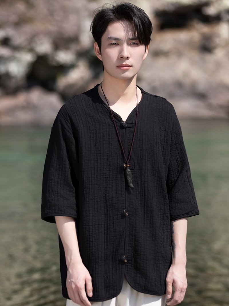 新中式复古 亚麻短袖衬衫 衬衣唐装 - 男装衬衫 - 其他材质 黑色