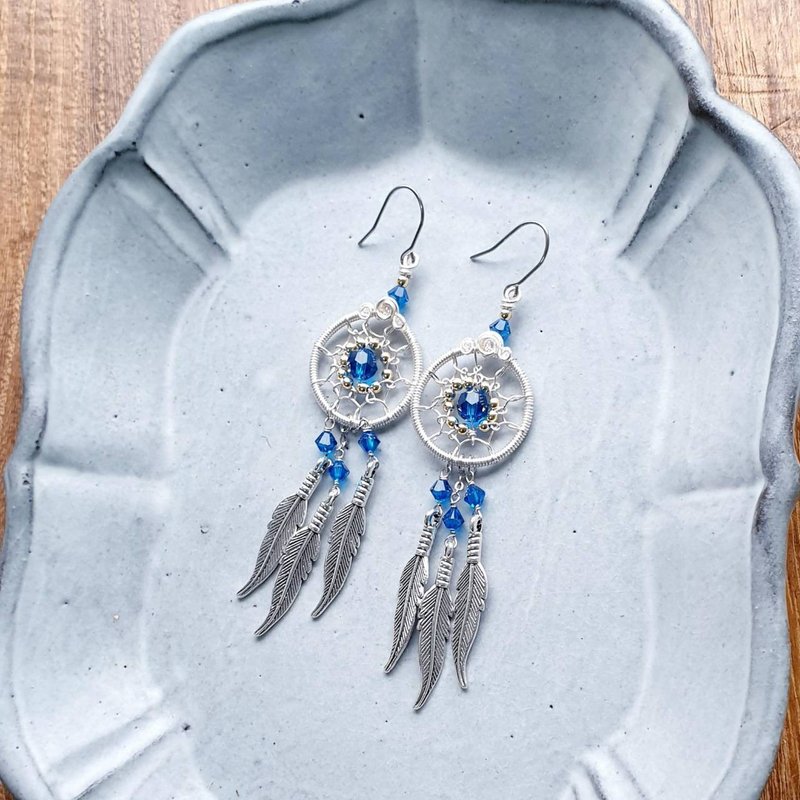 │捕梦网系列│天然水晶捕梦网耳环 一 - 耳环/耳夹 - 宝石 蓝色