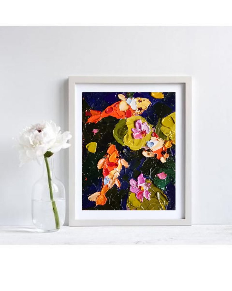 锦鲤 油畫原作 手工油畫 掛畫 油畫 koi Fish Painting Impasto Oil Painting by Verafe - 海报/装饰画/版画 - 其他材质 橘色