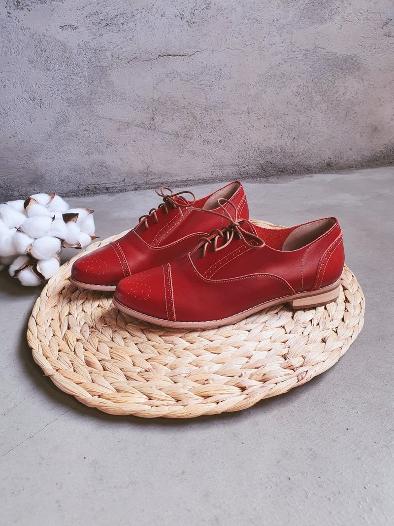 夏日惊喜包【油蜡德比】质感雕花德比鞋_酒红 |手工订制| MIT - 女款牛津鞋/乐福鞋 - 真皮 