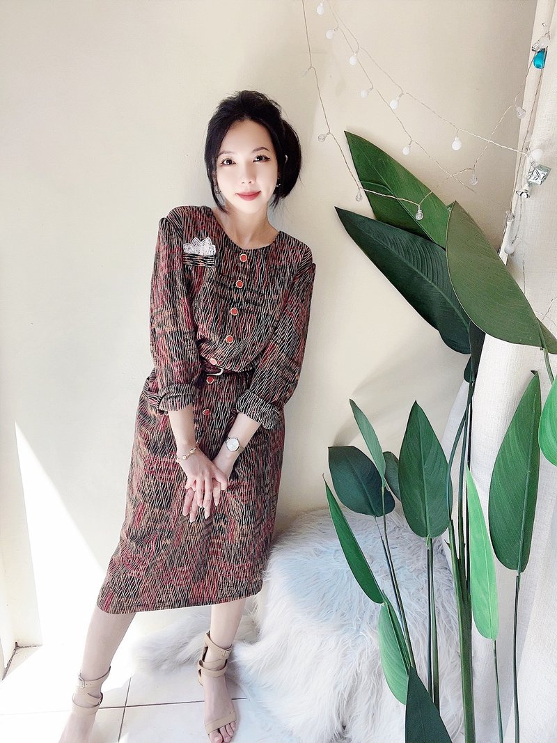 彩花圆领倒影水波纹 古着纺纱洋装连衣裙连身裙 vintage dress - 洋装/连衣裙 - 聚酯纤维 多色