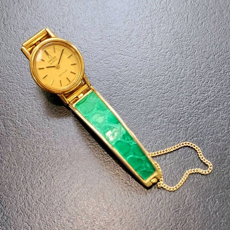 瑞士 欧米茄 Omega 金色圆型石英古董女表 鳄鱼压纹皮革金属表带 - 女表 - 其他金属 金色