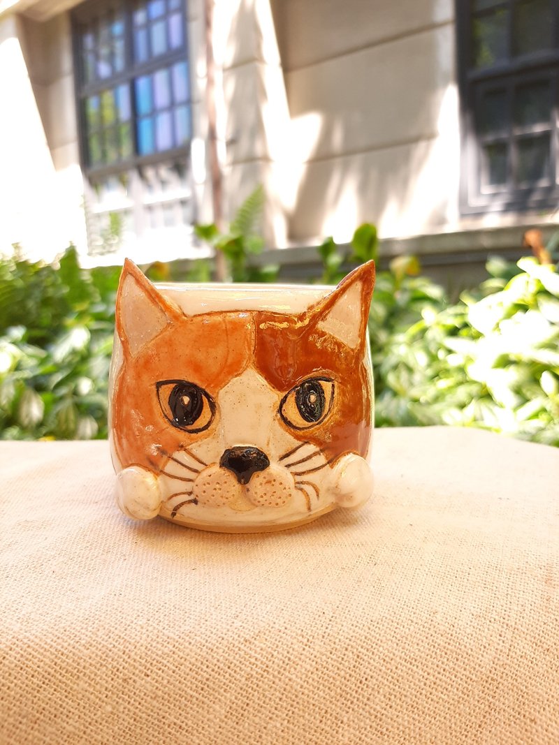 三花猫手工多肉花盆(两用水杯) - 花瓶/陶器 - 陶 卡其色