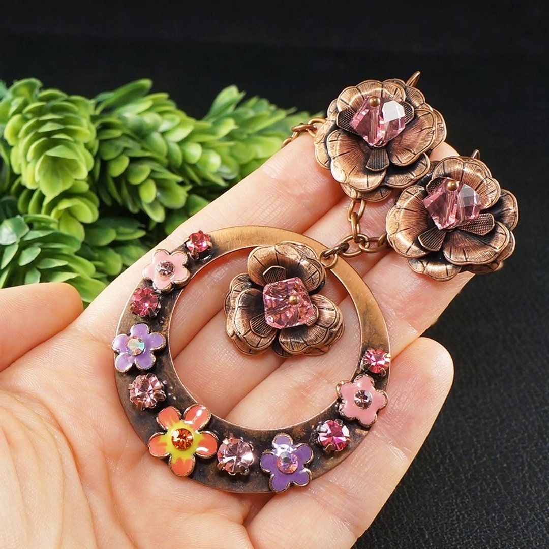 Necklace and Earrings Pink Swarovski Crystal Enamel Flower Copper Jewelry Set - 项链 - 水晶 粉红色