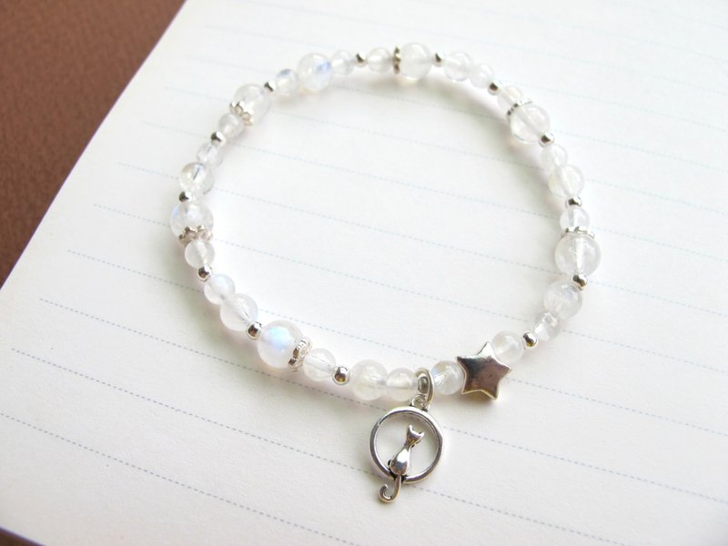 月光石 925银饰【赏星星的喵猫】六月诞生石系列 交换礼物 - 手链/手环 - 水晶 白色