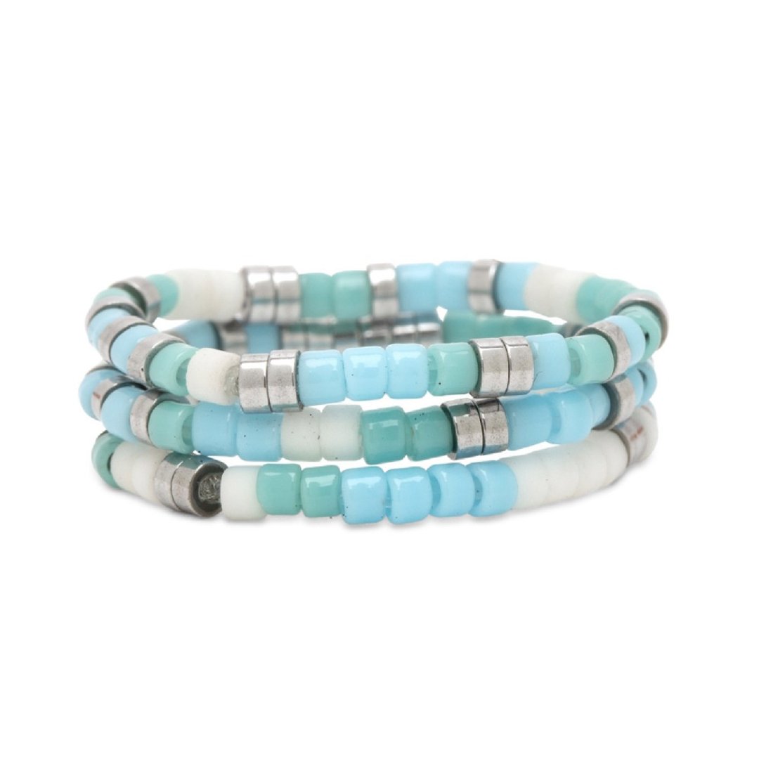 Pura Vida 美国手工 SEAFOAM DREAM 海泡沫之梦弹性戒指三件组 - 戒指 - 其他金属 蓝色