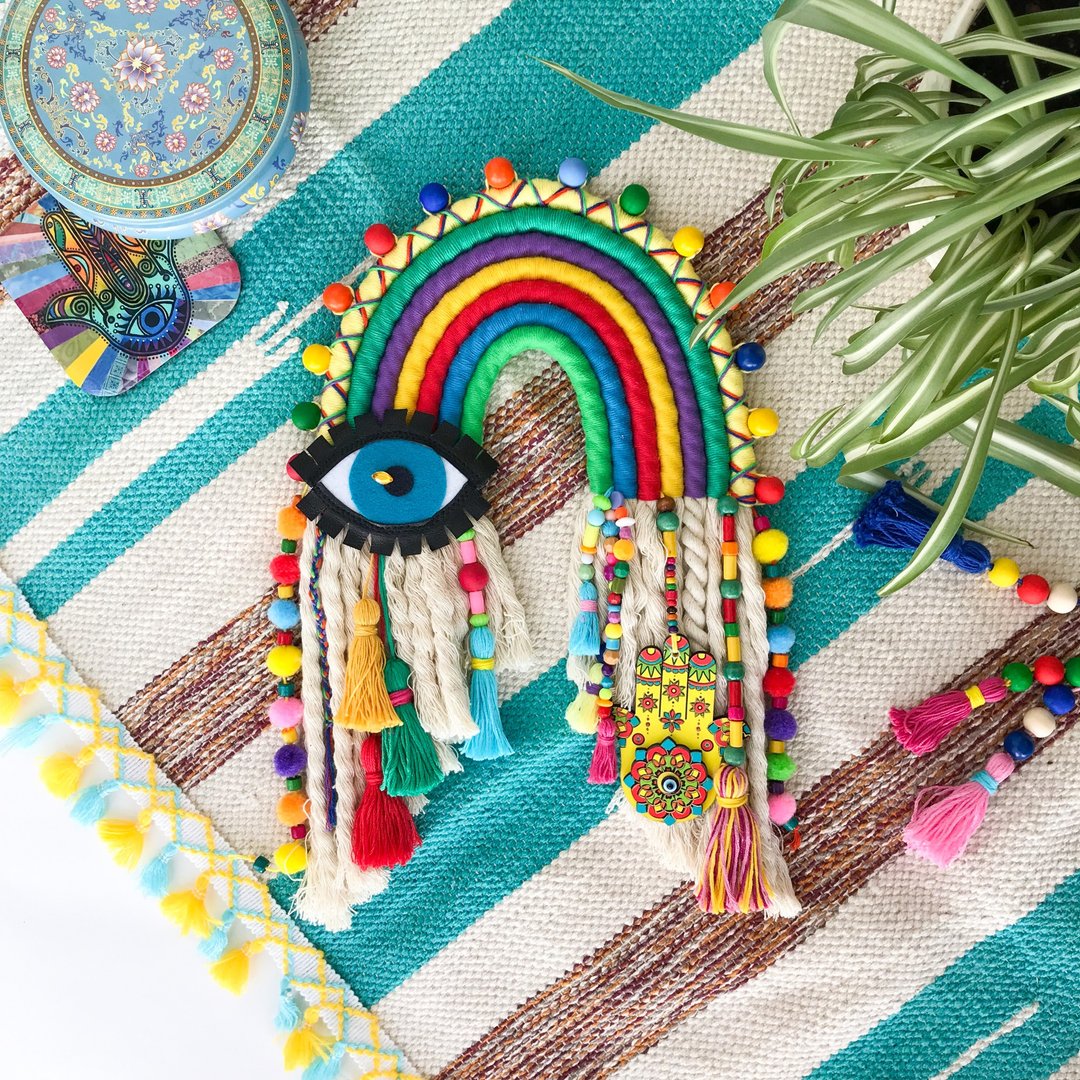 Rainbow macrame, woven wall hanging decor evil eye and hamsa hand, hippie room - 墙贴/壁贴 - 其他材质 多色