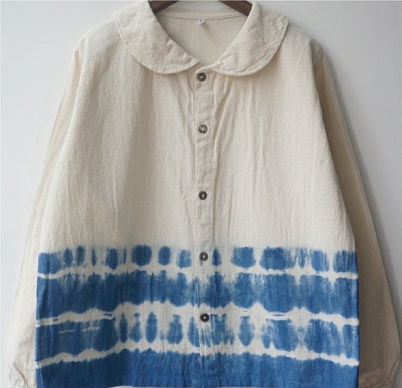 【棉麻手工蓝染】小娃娃领长款衬衫 3色 - 女装上衣 - 棉．麻 蓝色