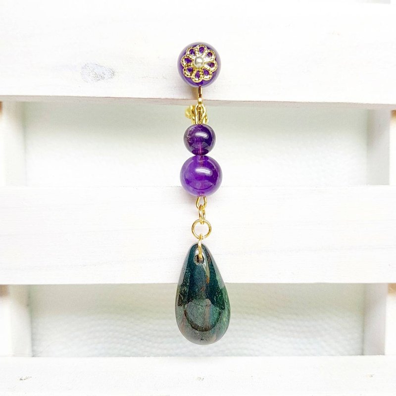 Original单边银丝森林花宝fit.葡萄紫玉髓垂坠夹式耳饰 - 耳环/耳夹 - 宝石 