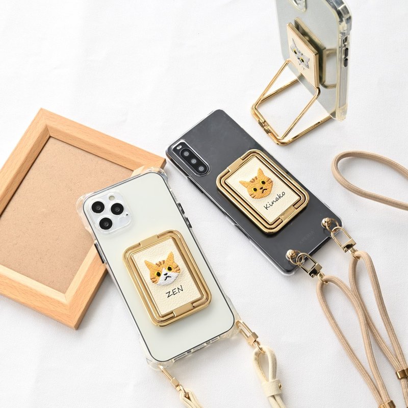 多功能戒指透明保护壳带肩带[绣猫名字雕刻]智慧型手机肩智慧型手机戒指智慧型手机支架垂直影片水平影片免费名字雕刻A248I - 手机座/防尘塞 - 人造皮革 咖啡色