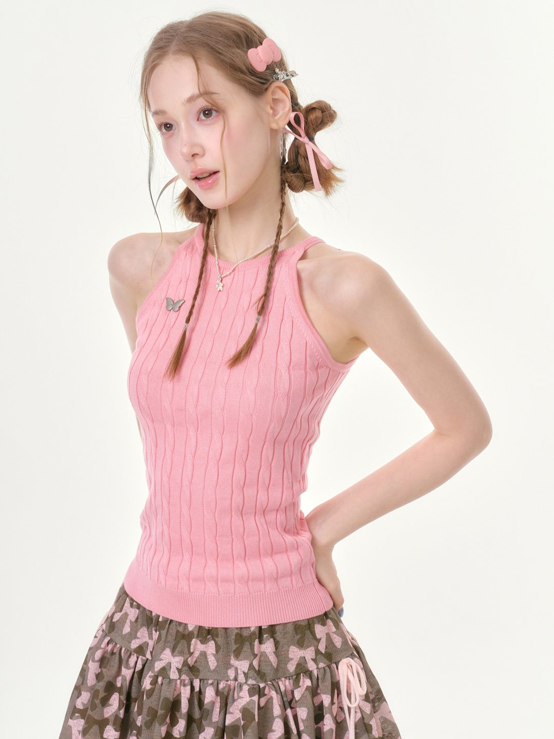 ziziFei''蝶语''夏新款简约修身显瘦无袖上衣粉色挂脖针织背心女 - 女装背心 - 其他材质 粉红色