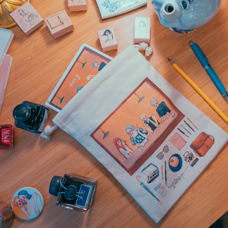 咖啡馆好朋友 束口袋 - 铅笔盒/笔袋 - 棉．麻 橘色