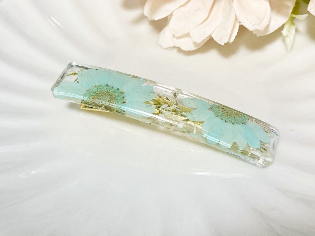 真花押花 晶菊白雪木 长形发夹发饰 真花发饰 - 发饰 - 植物．花 蓝色