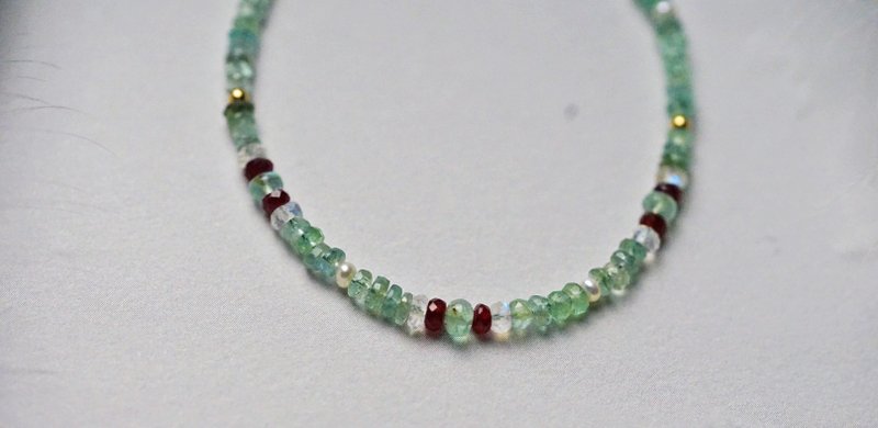 纯手工制作进口14K包金祖母绿宝红宝宝石手链 - 手链/手环 - 宝石 多色