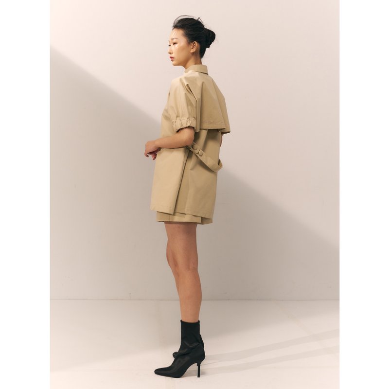 澎袖风衣式衬衫 /浅卡其 - 女装上衣 - 棉．麻 卡其色