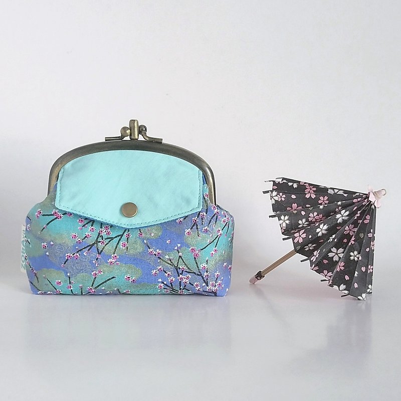 【现货】附侧袋双层口金包 (和风 · 绿蓝) - 化妆包/杂物包 - 棉．麻 蓝色
