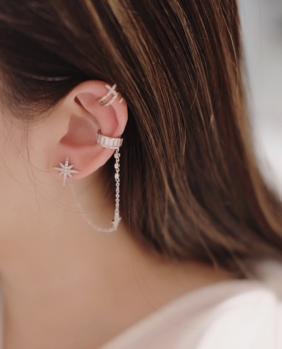 繁星系列星星耳钉耳扣 Atik Star ear cuff with chain 铜镀18K - 耳环/耳夹 - 铜/黄铜 银色