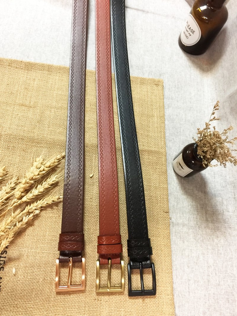 手工压印菱格纹 真皮皮带 腰带  男女适用 - 3 cm宽 - 皮带/腰带 - 真皮 
