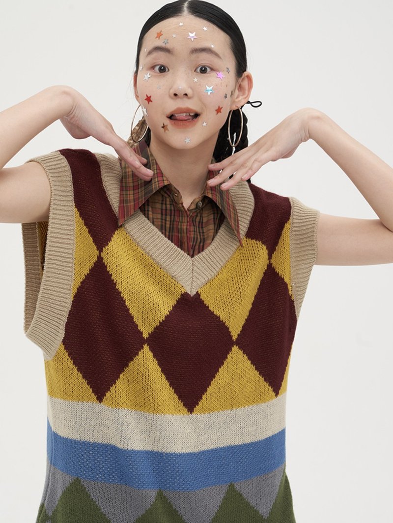 菱格针织背心 很寬鬆 (夏天也不會热!) 复古氛围感满分 - 女装上衣 - 其他材质 咖啡色